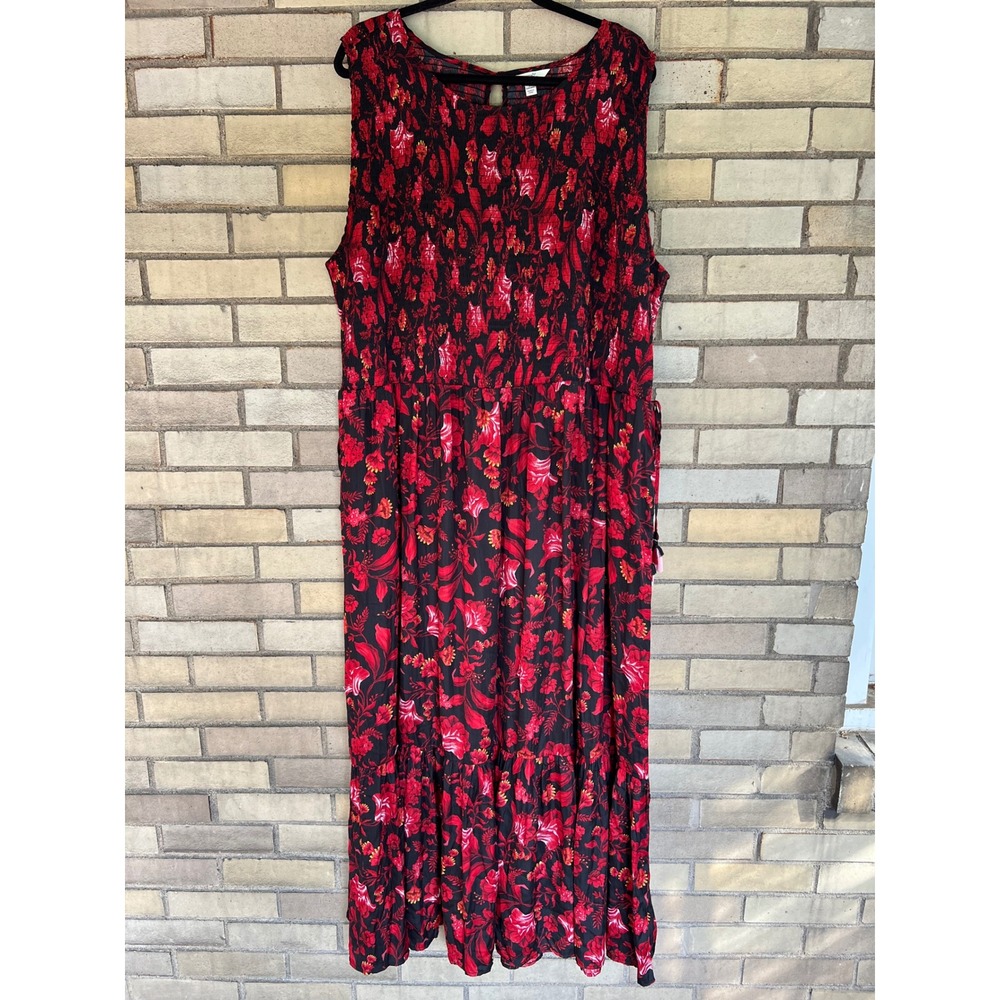 Terra & Sky Red Black Floral Smocked Sleeveless Maxi Dress Size 3X 24W-26W
